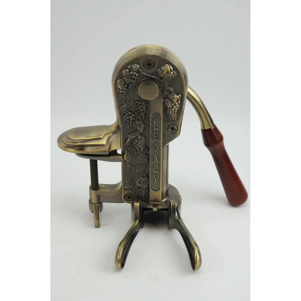 Legacy Wine Enthusiast Opener Corkscrew Brass Grape Relief Table Mount Clamp EUC